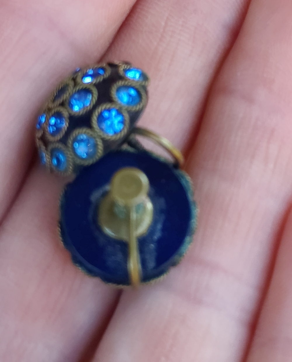 Vintage 1940s Bezel Set Blue Czech Glass Dome Earrings - Picture 3 of 5